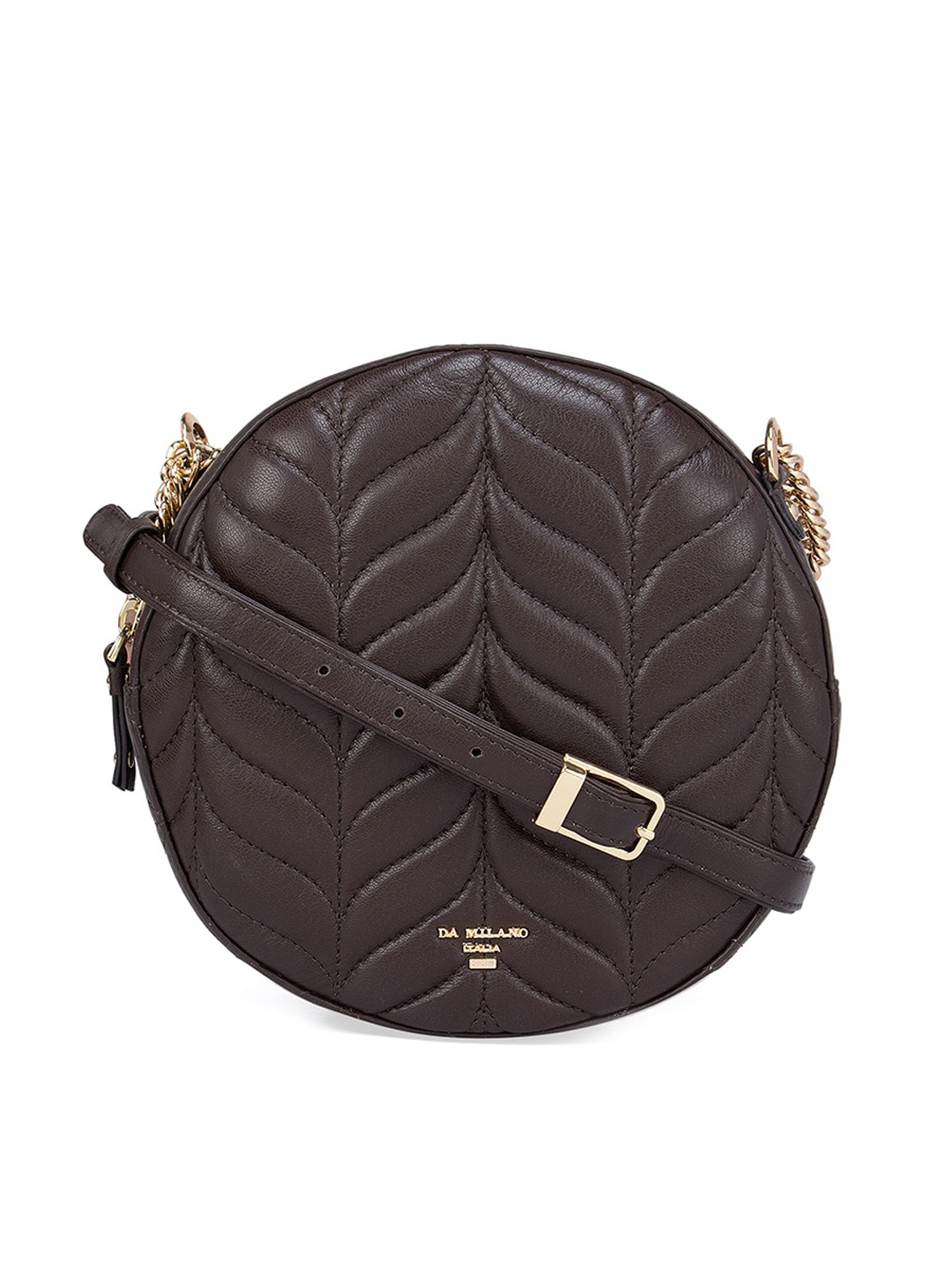 

Da Milano Brown Textured Leather Half Moon Sling Bag with Quilted