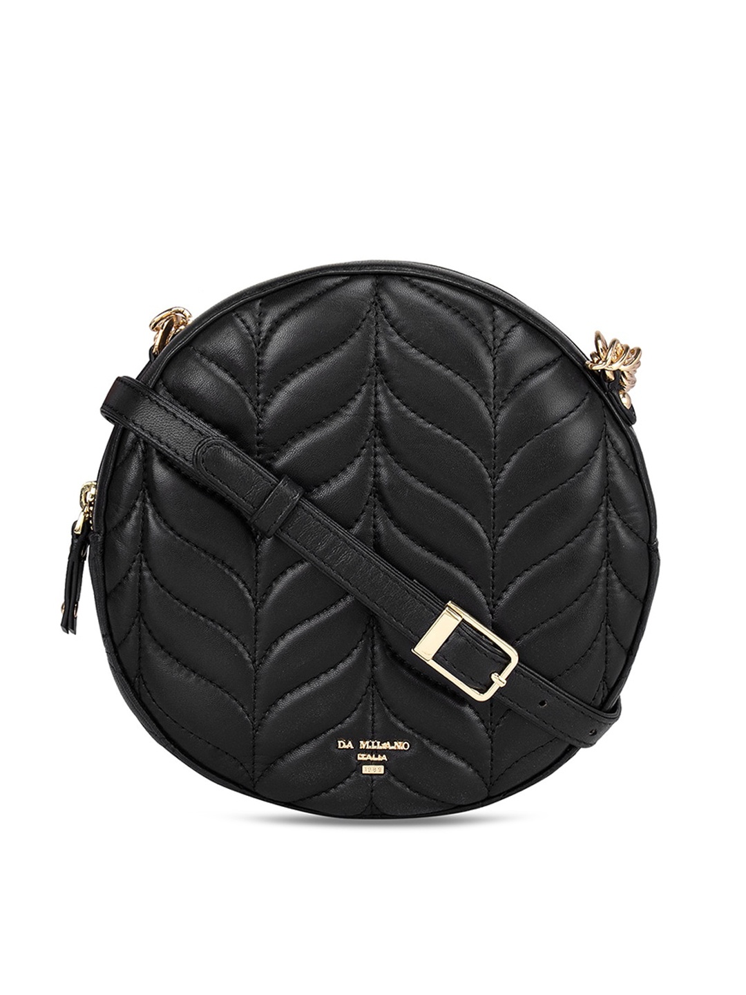 

Da Milano Black Textured Leather Structured Sling Bag with Quilted