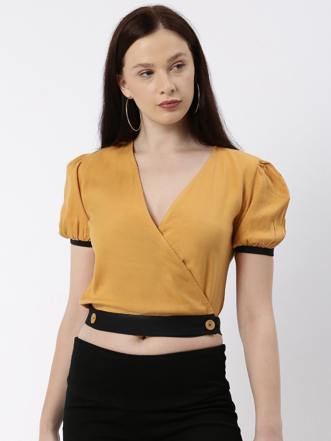 

kriatma Mustard Yellow & rattan Wrap Crop Top