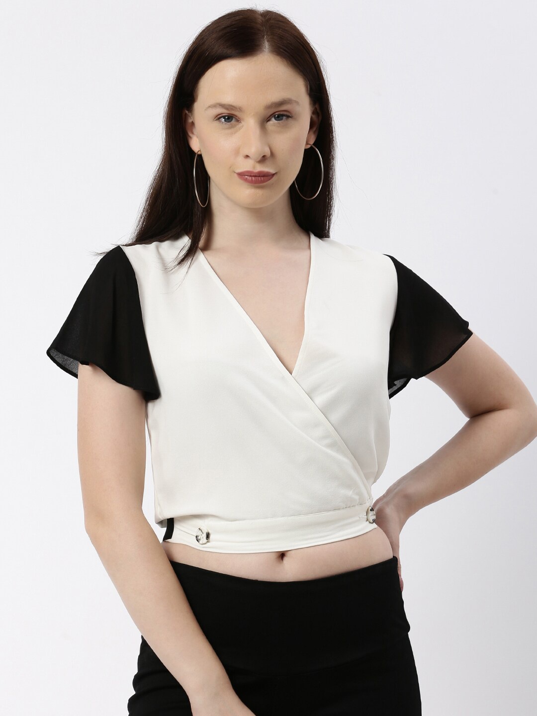 

kriatma White & vaporous gray Colourblocked Crepe Wrap Crop Top