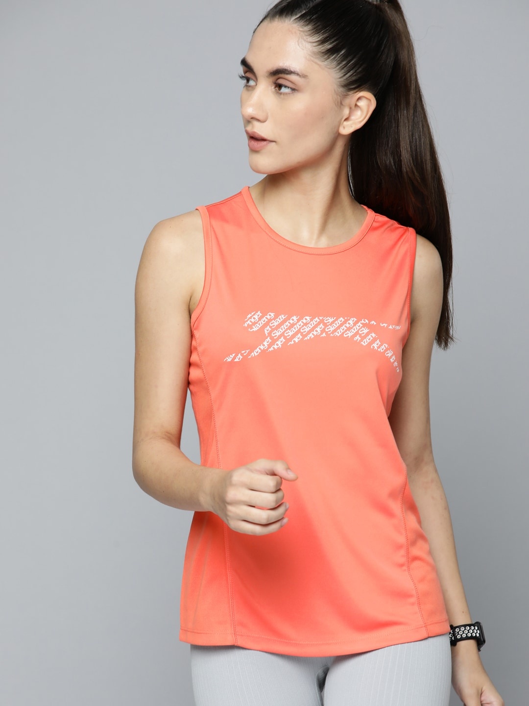 Slazenger Women Coral Orange Printed Anti-Microbial Running T-shirt with Reflective Detail