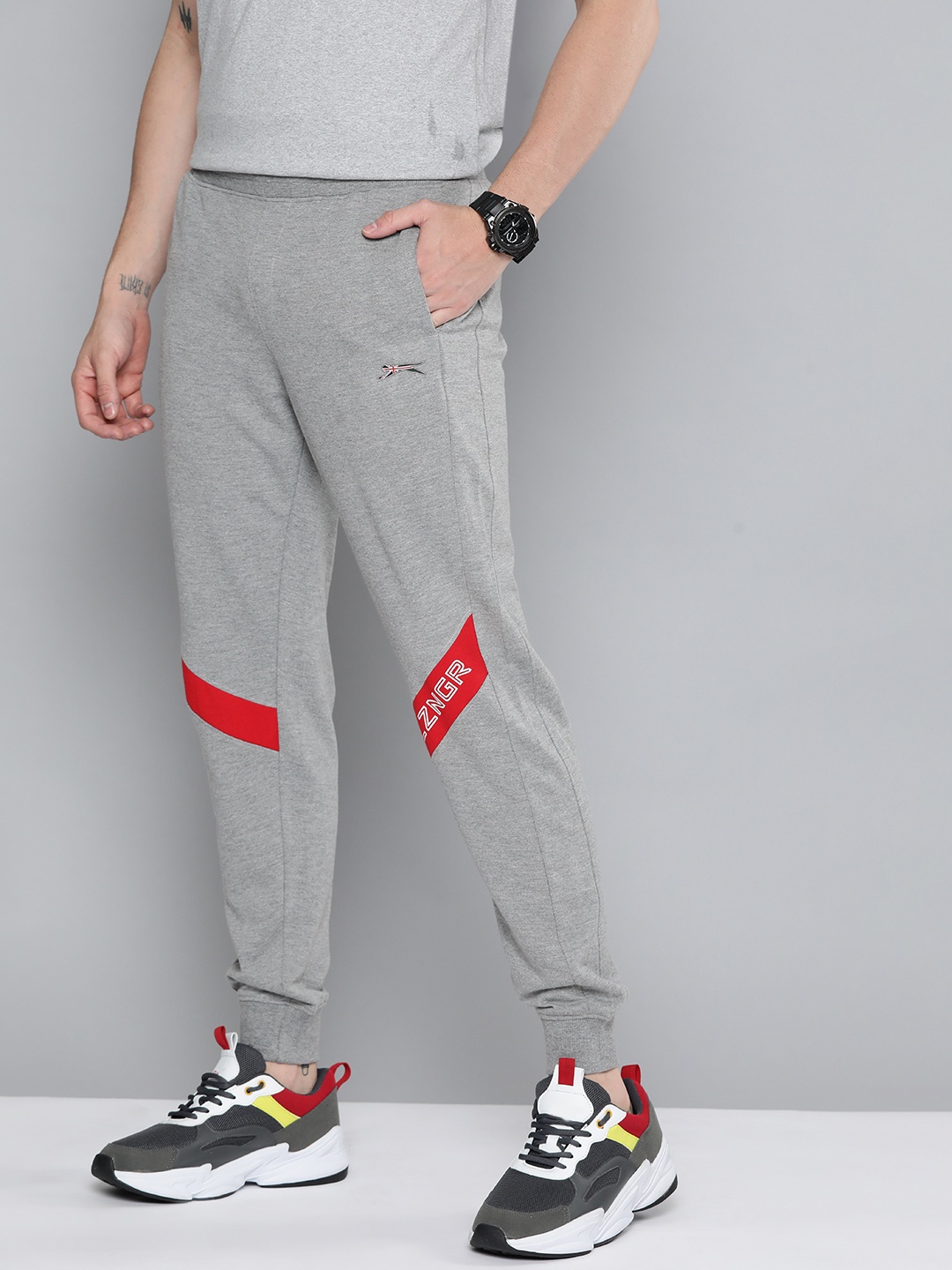 

Slazenger Men Grey Melange Brand Logo Printed Joggers