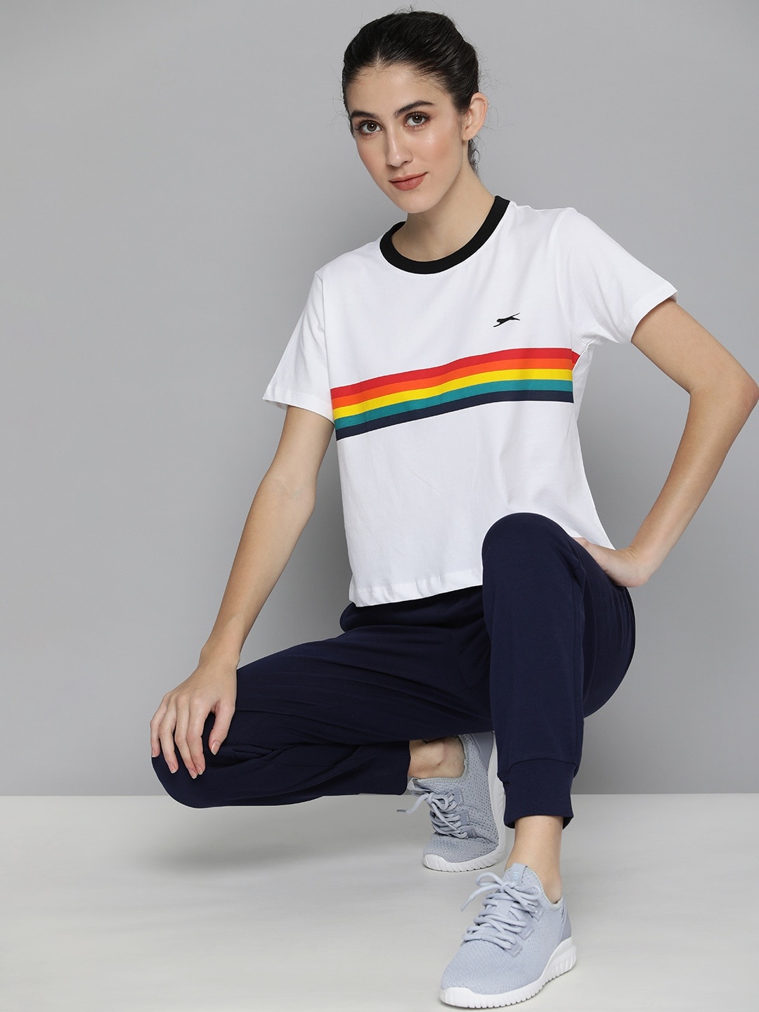 

Slazenger Women White Striped Pure Cotton Applique T-shirt