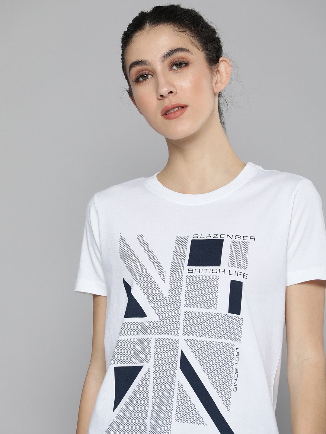 

Slazenger Women White Geometric Printed Pure Cotton T-shirt