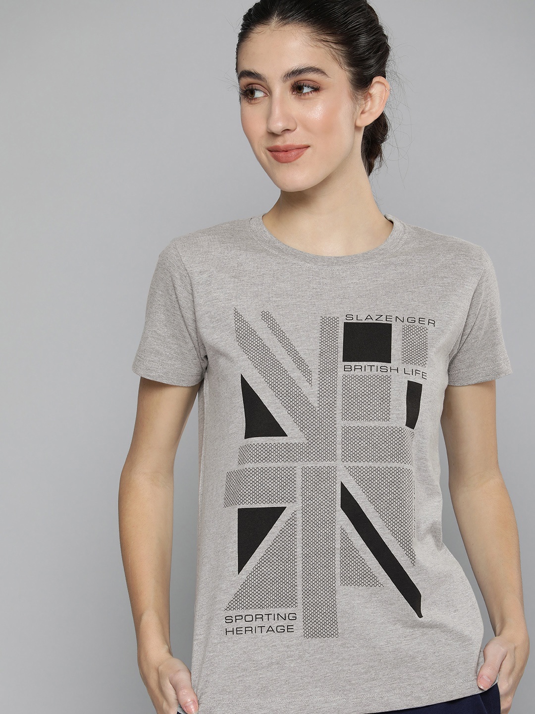 

Slazenger Women Grey Geometric Printed Pure Cotton T-shirt