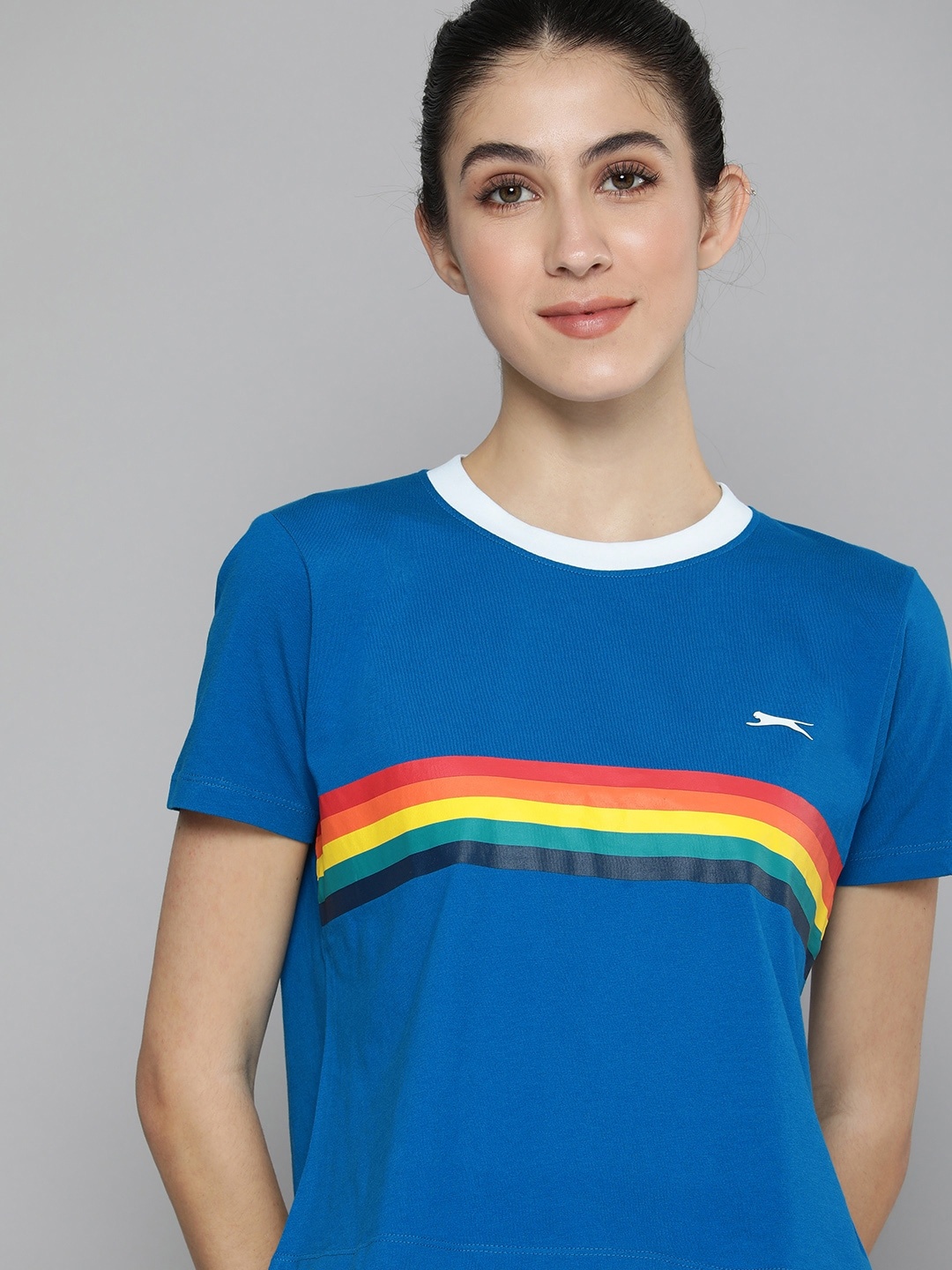 

Slazenger Women Blue Multi Or Variegated Stripes Pure Cotton Athleisure T-shirt