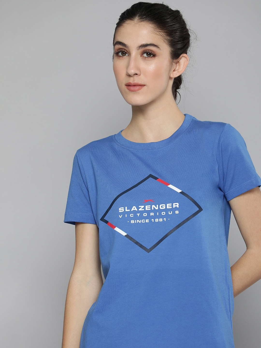 

Slazenger Women Blue & White Brand Logo Print Indigo Pure Cotton Athleisure T-shirt