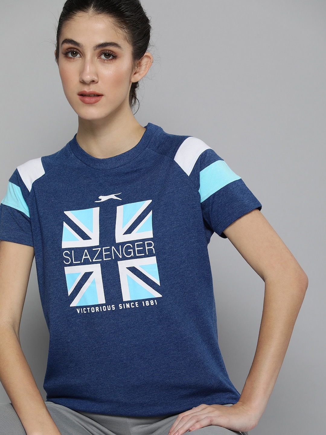 

Slazenger Women Navy Blue & White Brand Logo Print Pure Cotton Athleisure T-shirt