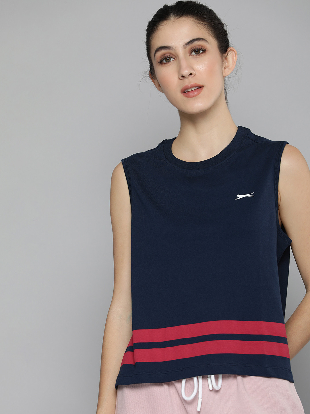 

Slazenger Women Navy Blue & Red Placement Striped Pure Cotton Athleisure T-shirt