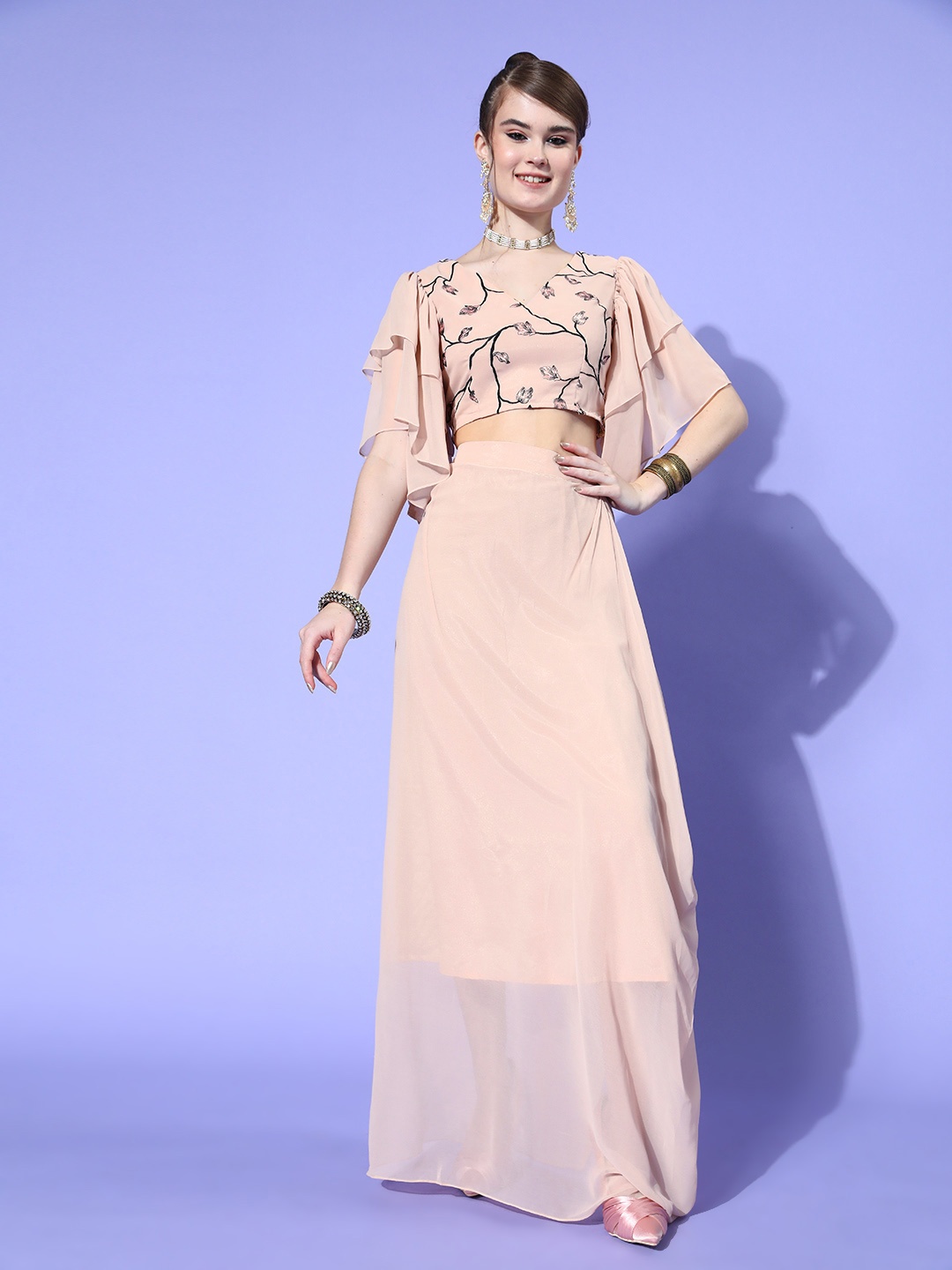 Inddus Women Cream Embellished Top with Solid Skirt