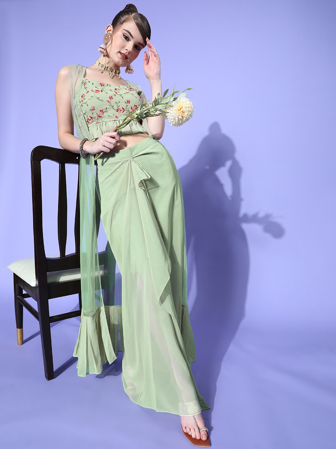 

Inddus Women Gorgeous Green Self-Design Top with Solid Skirt