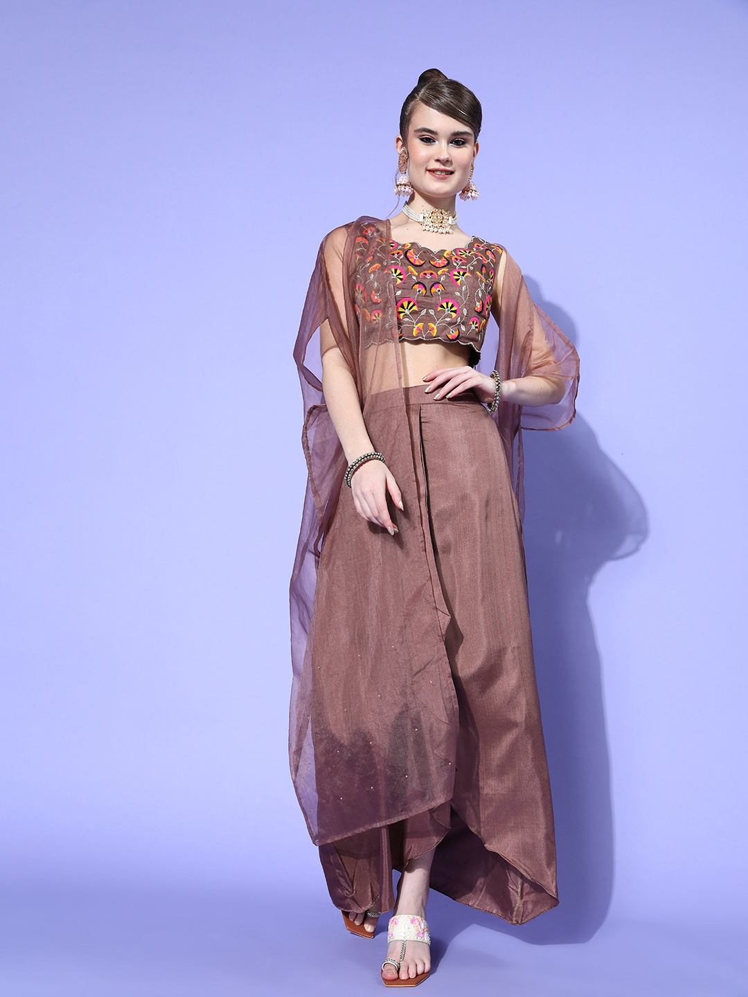 

Inddus Women Mauve Self-Design Top with Solid Skirt