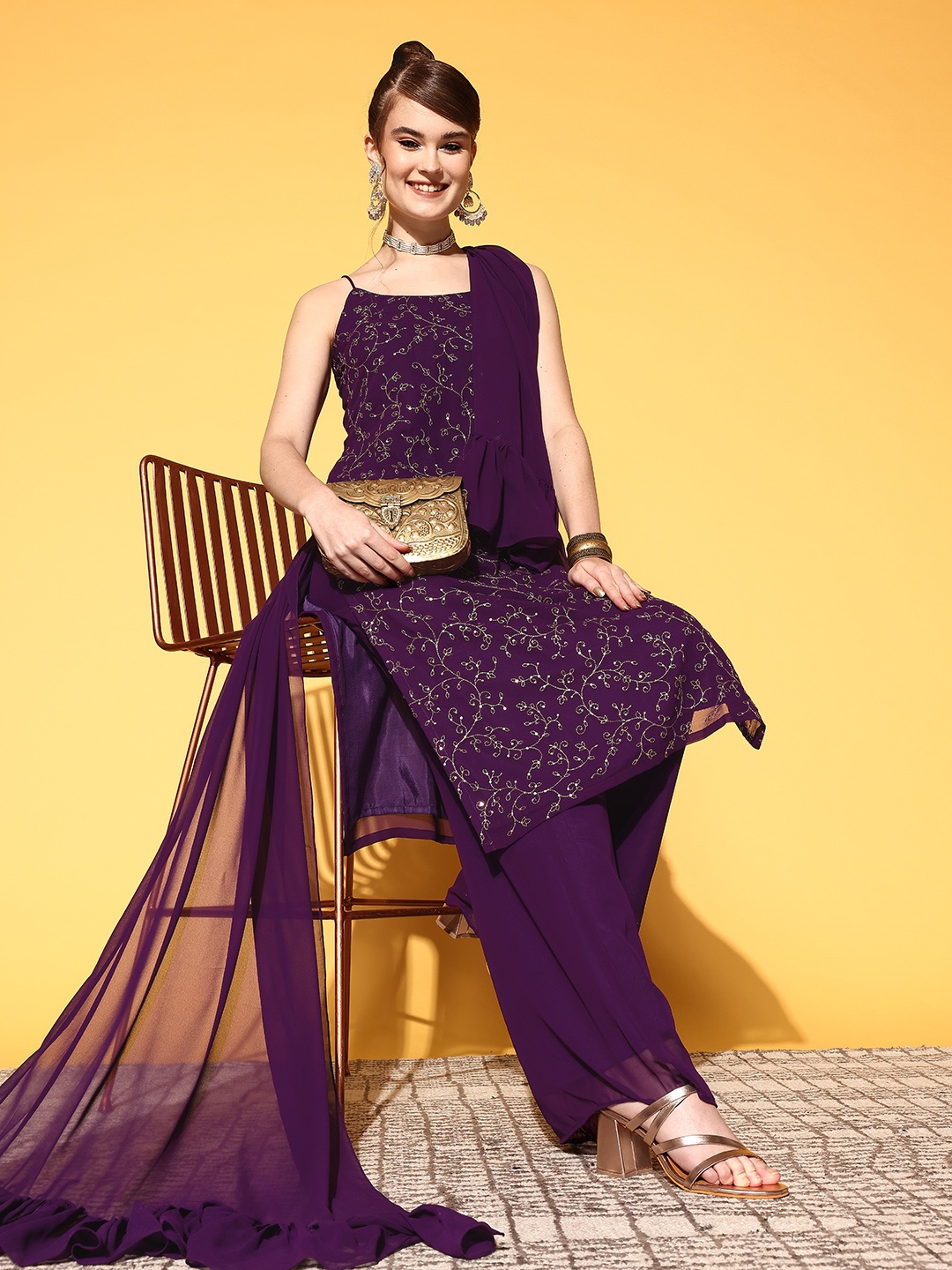 

Inddus Women Floral Poly Georgette Ethereal Embroidery Kurta Set, Purple
