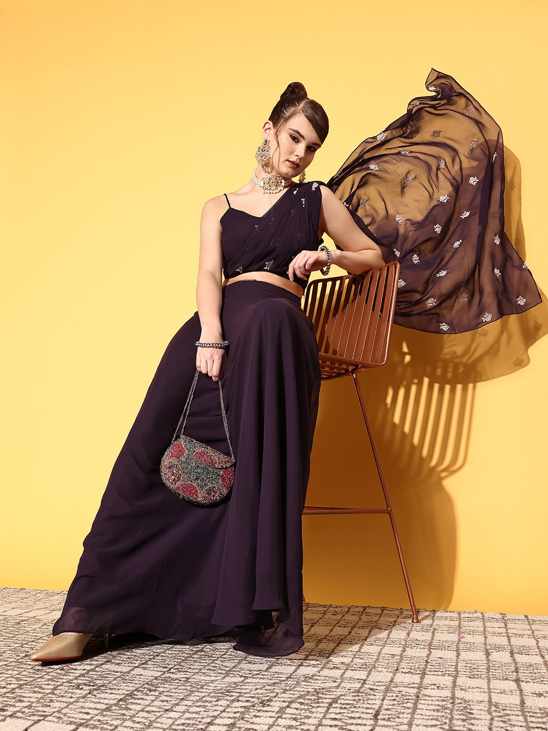 

Inddus Women Deep Wine Embroidered Draped Dupatta with Solid Top & Skirt, Burgundy