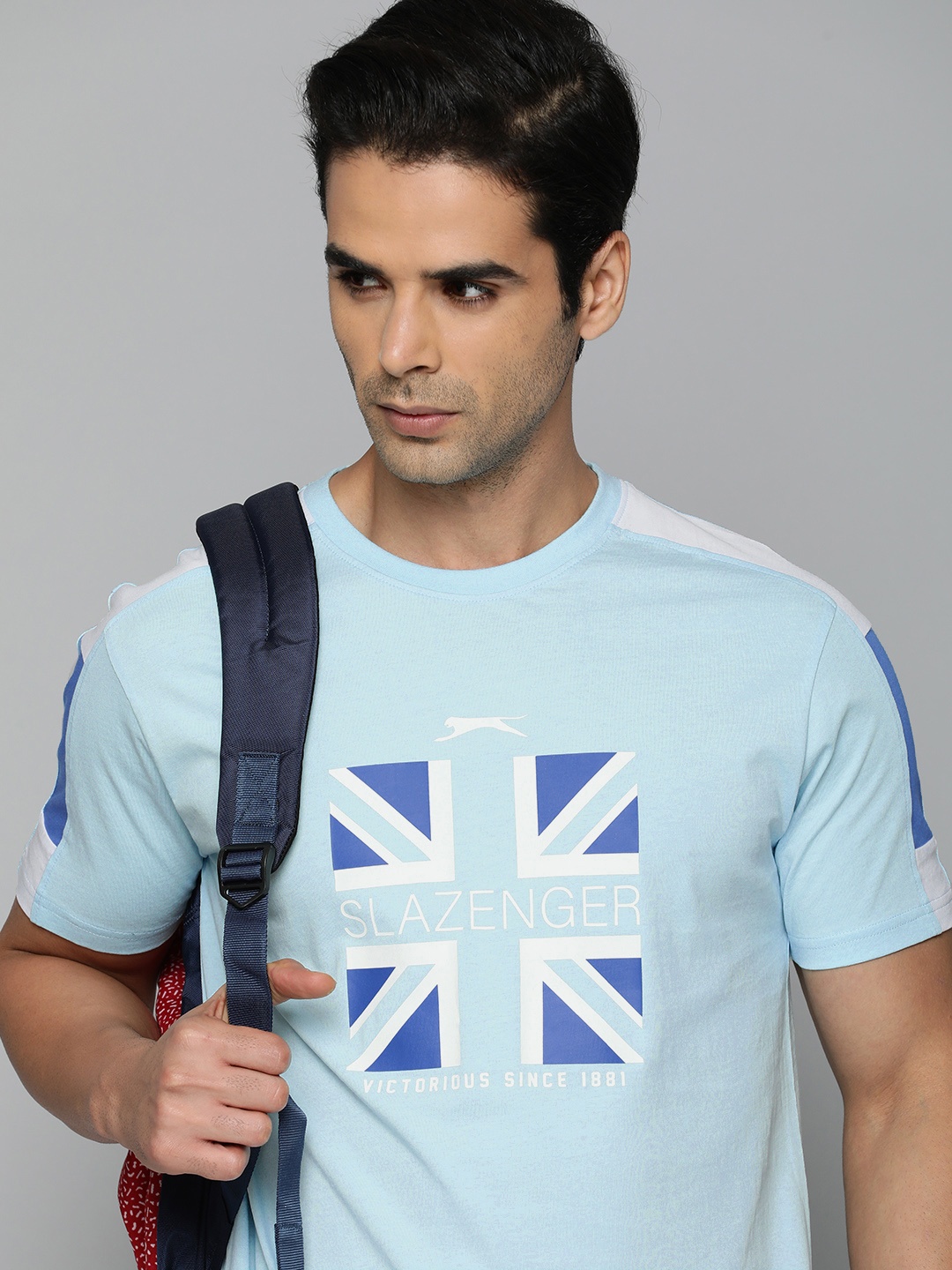 

Slazenger Men Blue & White Brand Logo Printed Pure Cotton T-shirt