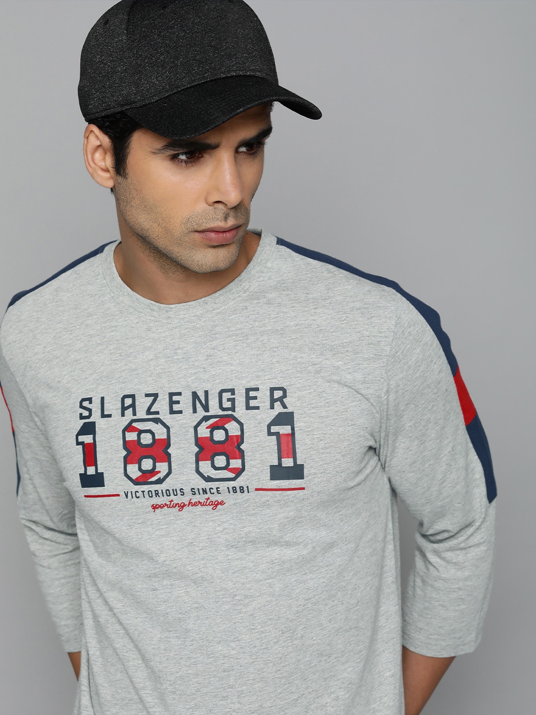 

Slazenger Men Grey & Navy Blue Brand Logo Printed T-shirt