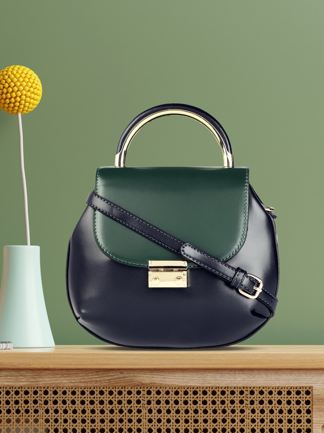

Allen Solly Green & Navy Blue Colourblocked Satchel
