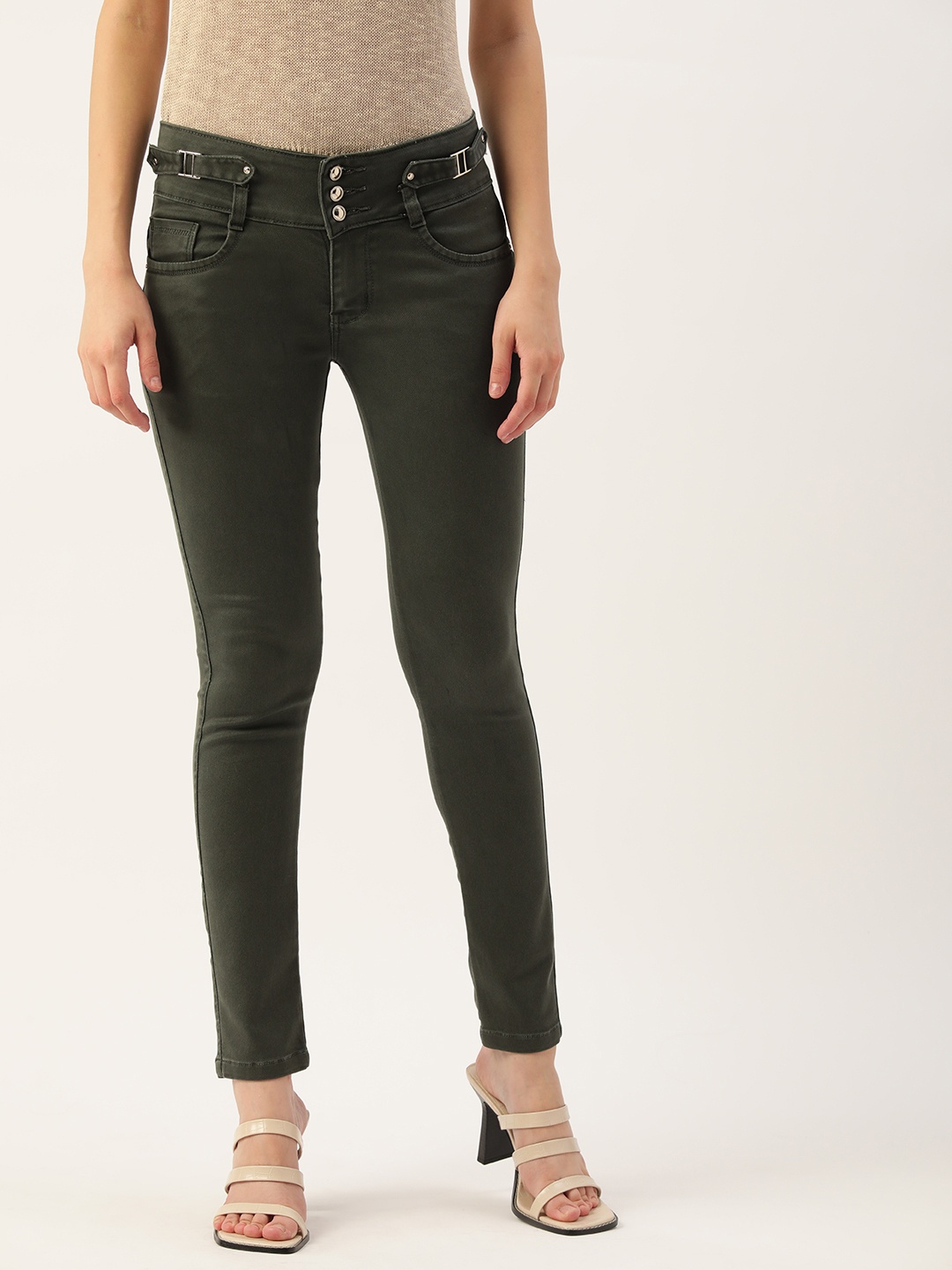 

BROOWL Women Olive Green London High-Rise Stretchable Cotton Jeans