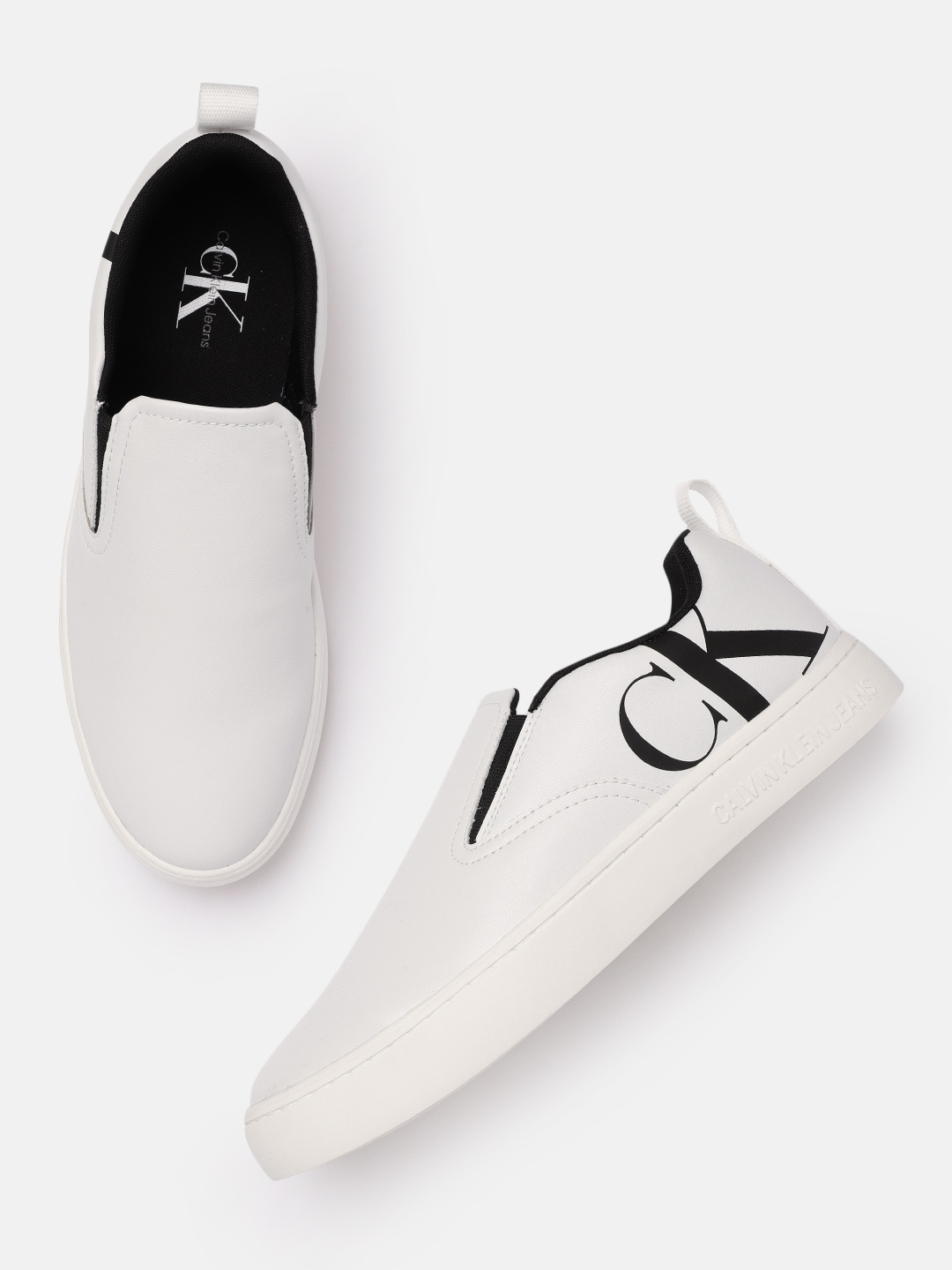 

Calvin Klein Men White Brand Logo Print CLASSIC CUPSOLE Leather Slip-On Sneakers