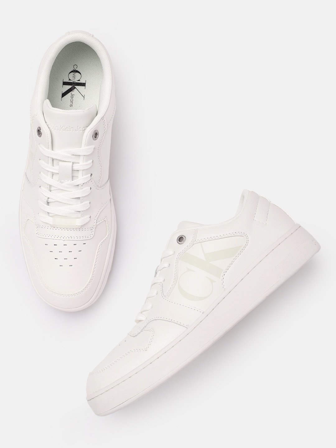 

Calvin Klein Men White Perforations Regular Sneakers With Brand Logo Print Detail
