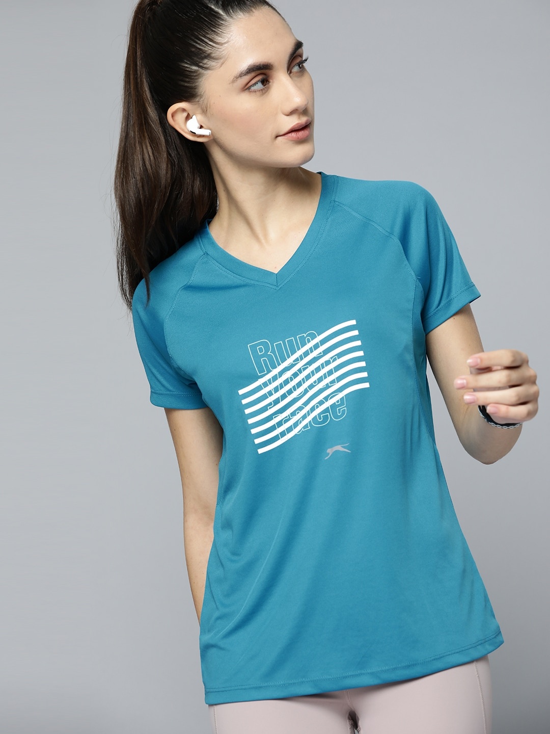 

Slazenger Women Teal Blue & White Striped Running T-shirt with Reflective Detail