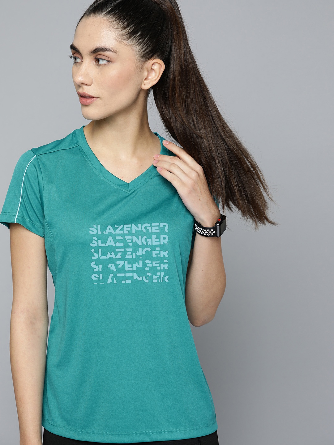 

Slazenger Women Teal Green Typography Printed V-Neck Running T-shirt