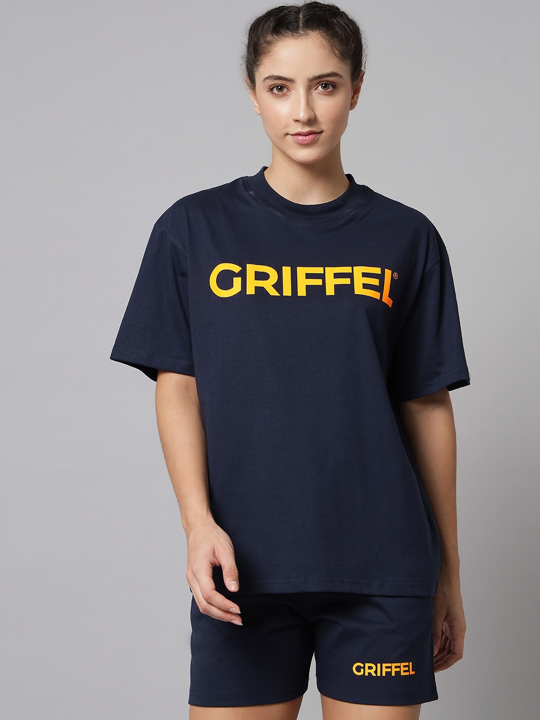 

GRIFFEL Women Navy Blue Printed Pure Cotton T-shirt with Shorts