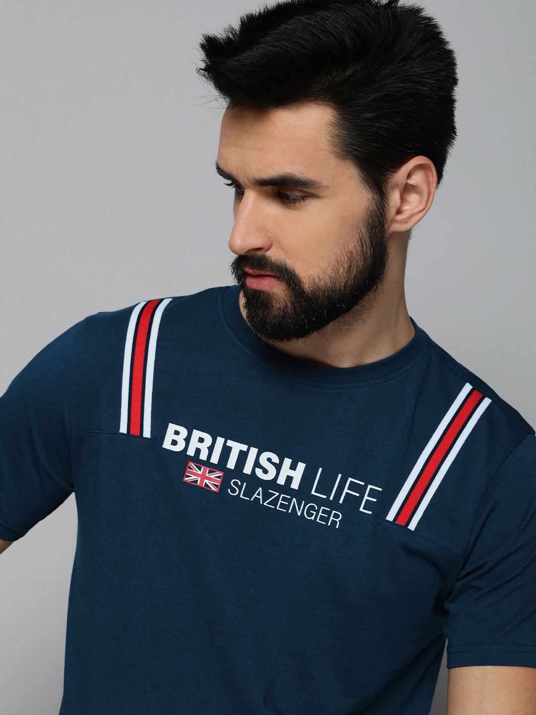 

Slazenger Men Navy Blue & Red Brand Logo Printed Pure Cotton T-shirt
