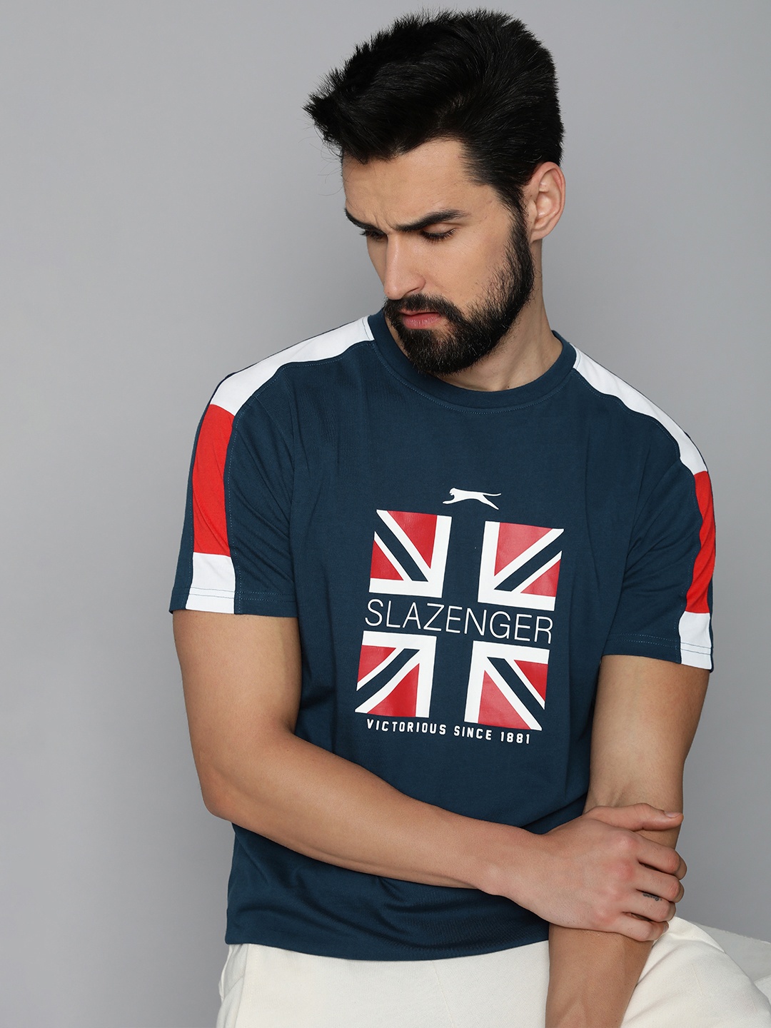 

Slazenger Men Navy Blue & Red Brand Logo Printed Pure Cotton T-shirt