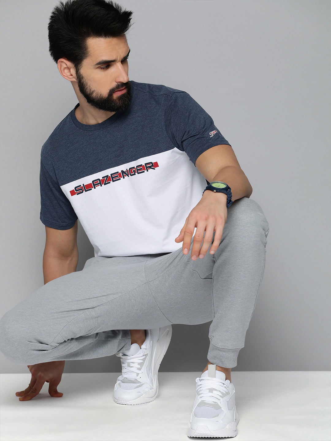 

Slazenger Men Navy Blue & White Colourblocked T-shirt