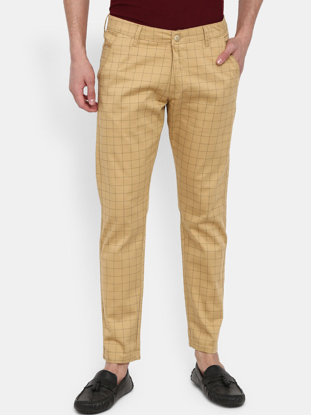 

V-Mart Men Khaki Checked Easy Wash Chinos Trousers