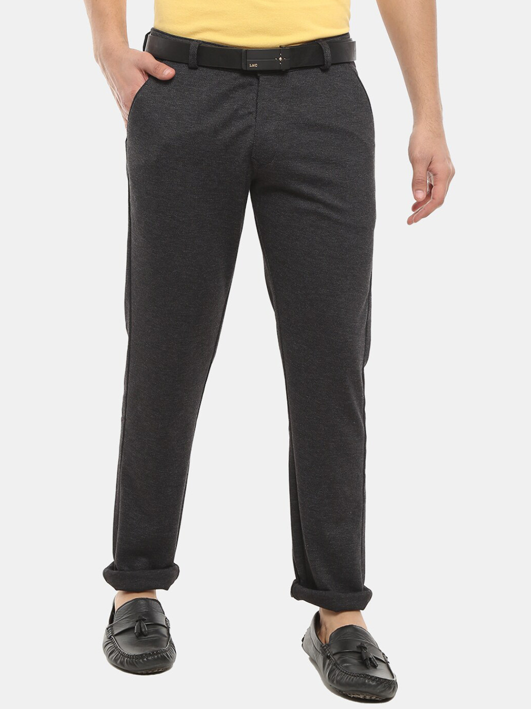 

V-Mart Men Black Textured Easy Wash Trousers