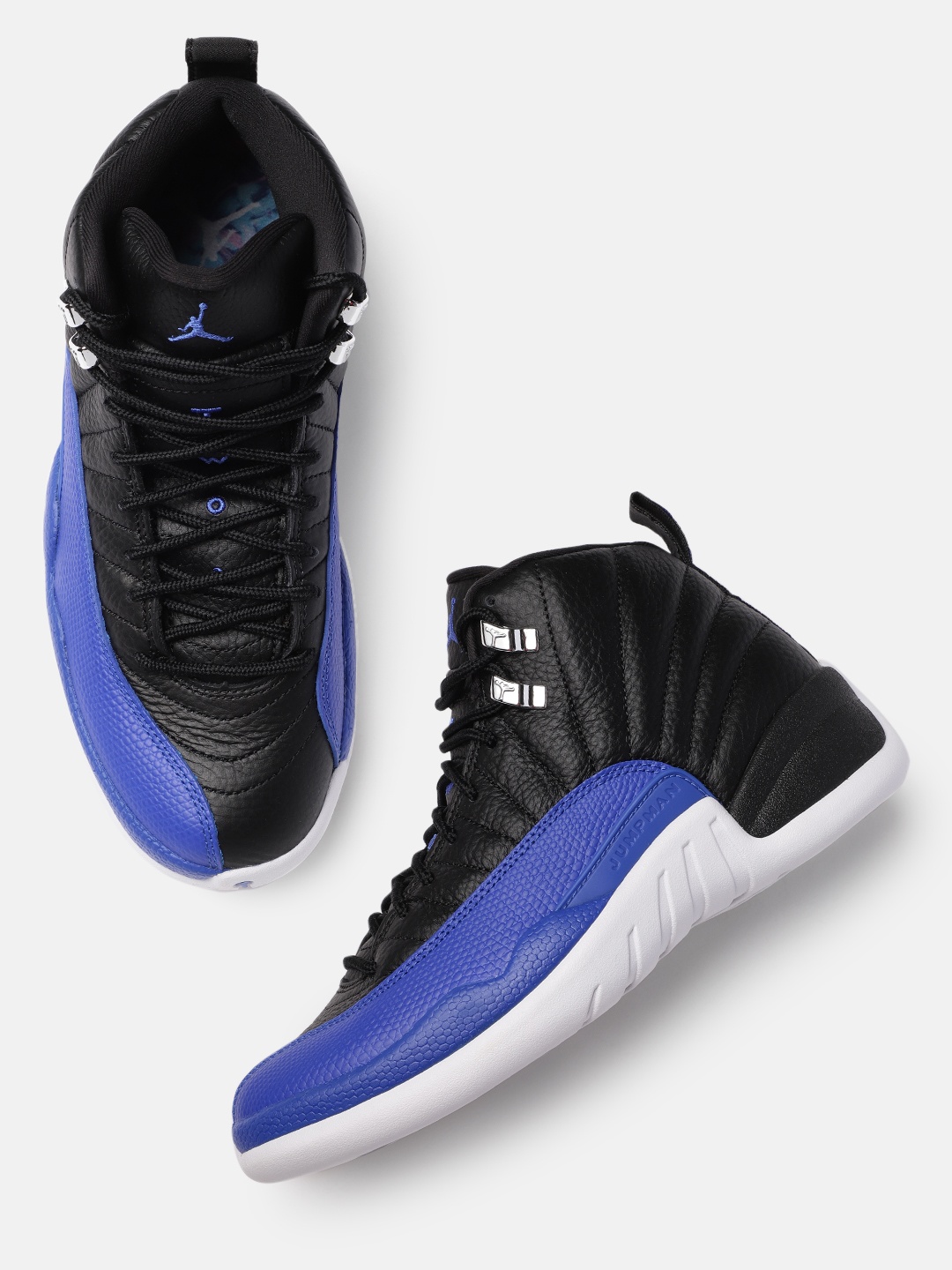 

Nike Women Black & Blue AIR JORDAN 12 RETRO Leather Mid-Top Basketball Shoes