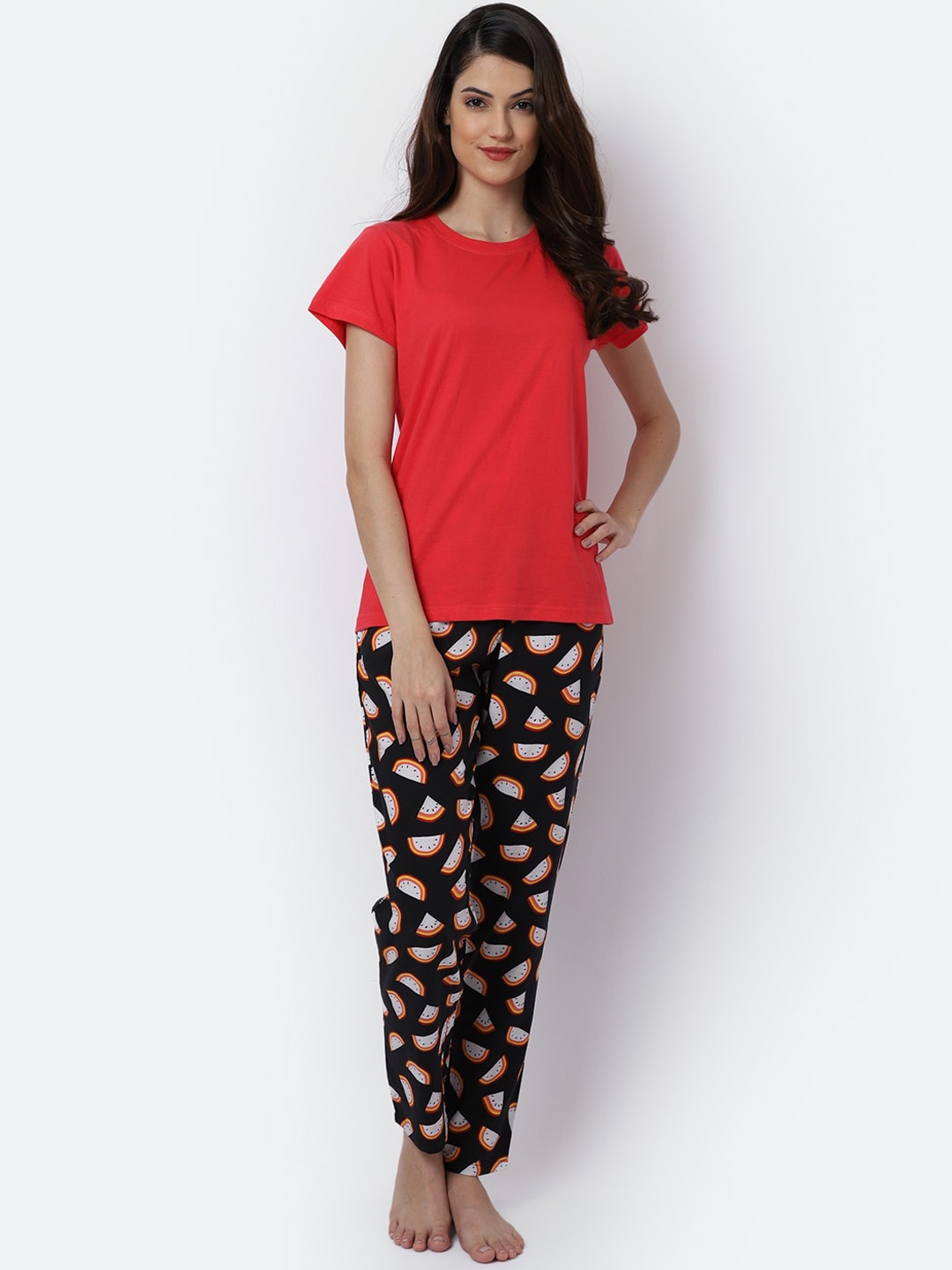

Claura Women Coral & Black Printed Night suit