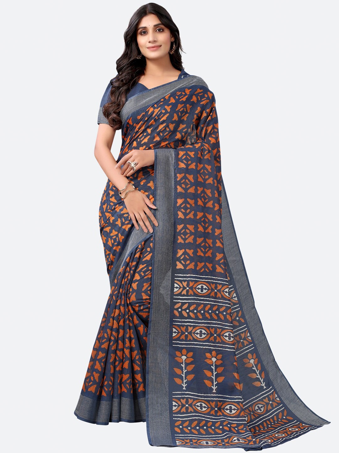 

SIRIL Grey & Orange Ethnic Motifs Saree