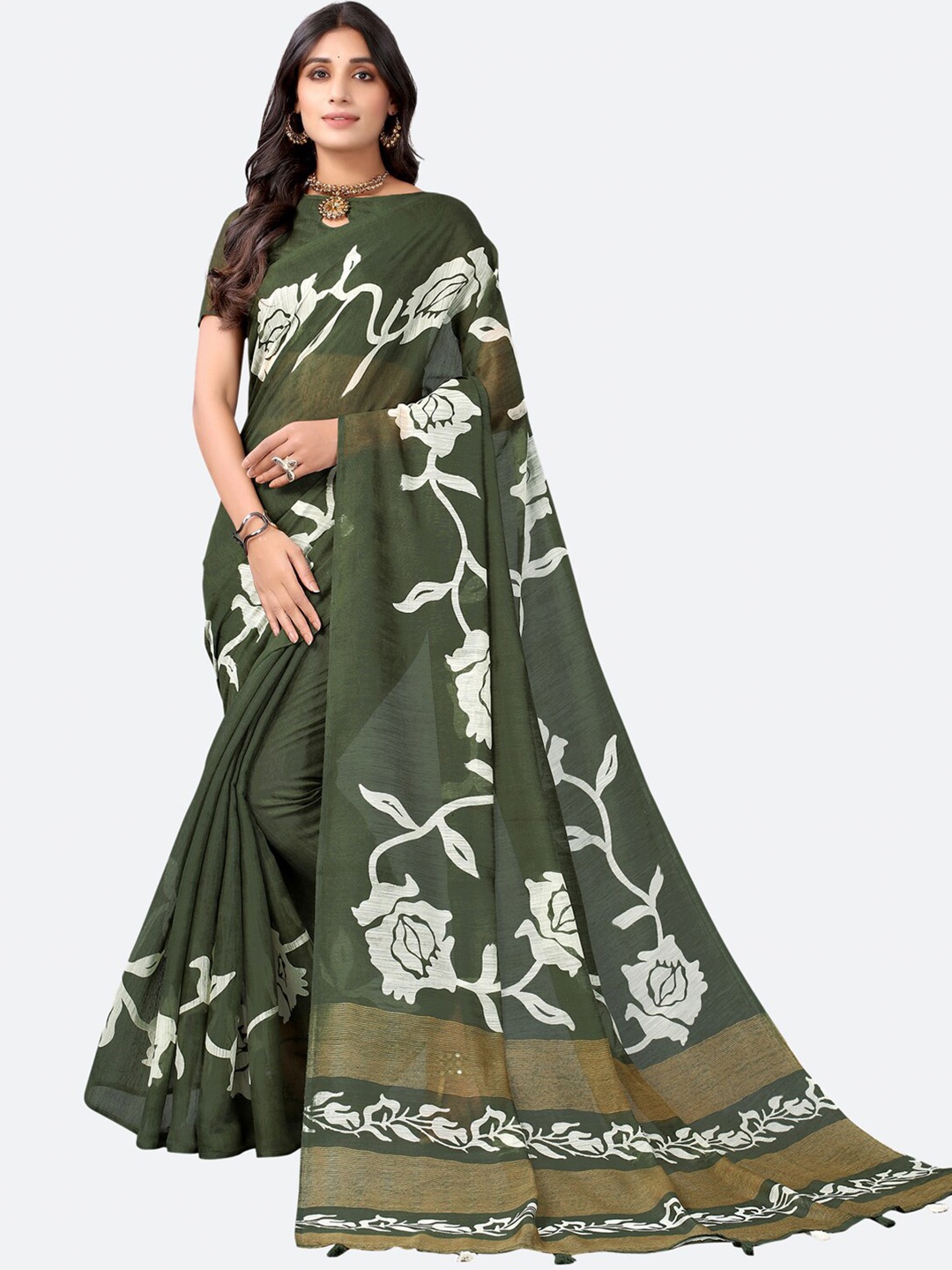 

SIRIL Green & White Floral Saree