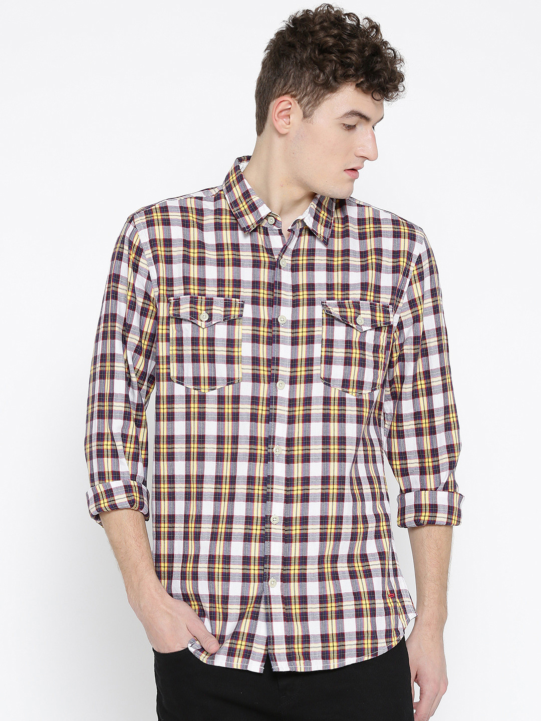 

Jack & Jones Men Yellow & White Checked Casual Shirt