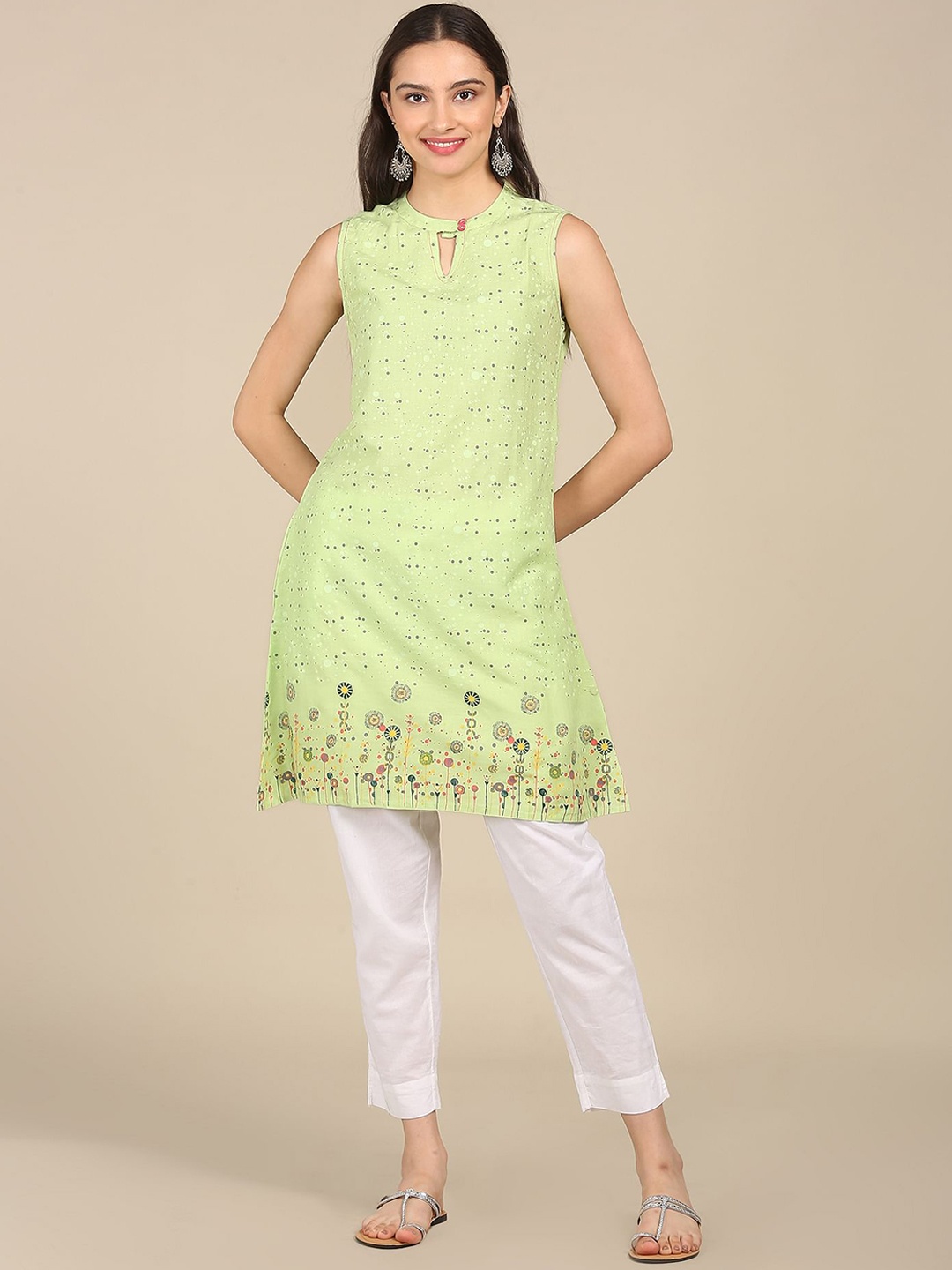 

Karigari Women Green Geometric Checked Keyhole Neck Anarkali Kurta