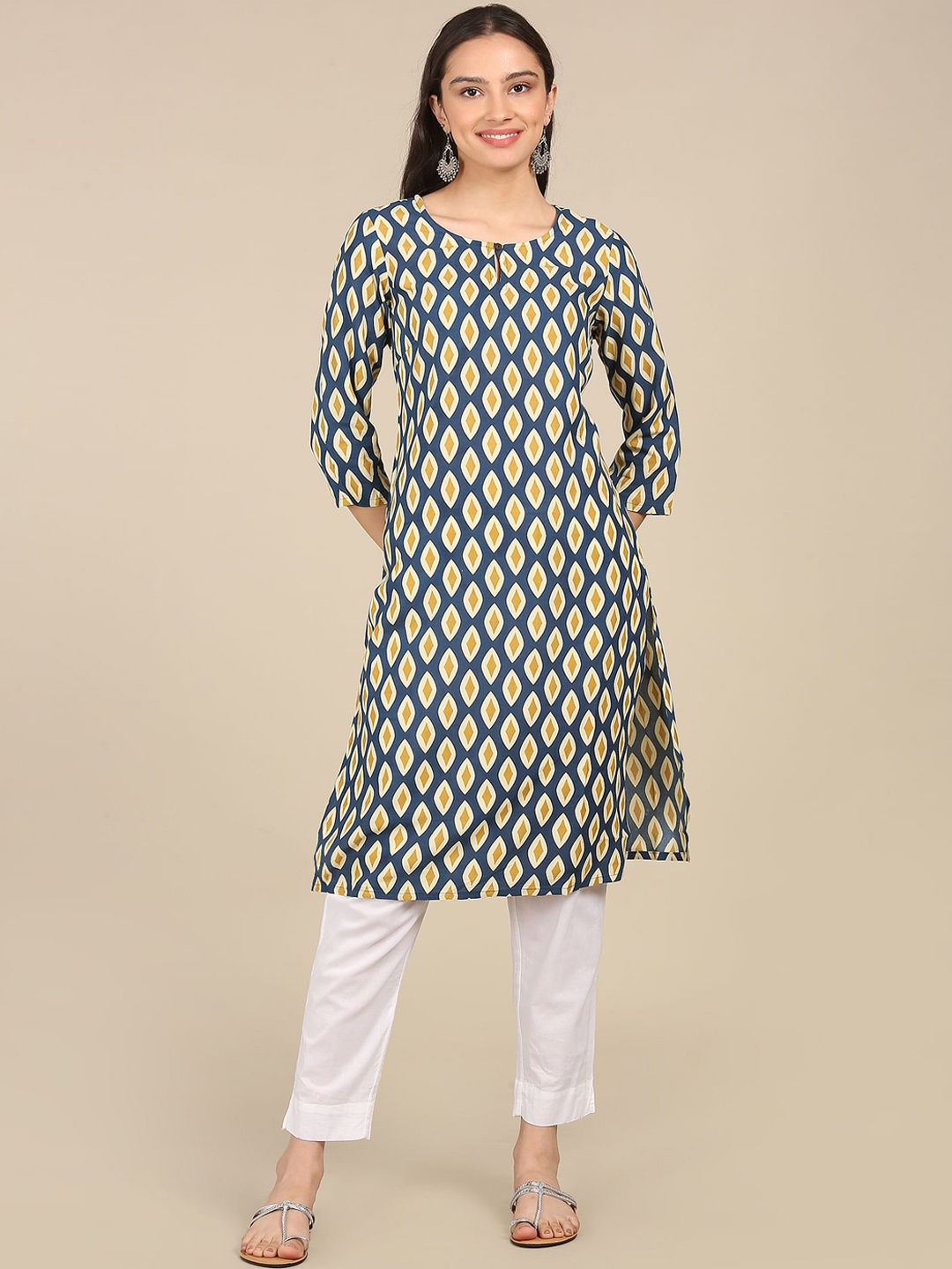 

Karigari Women Blue Yoke Design Flared Sleeves Kurta