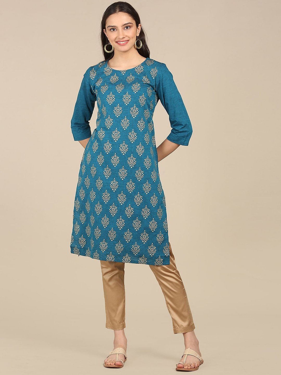 

Karigari Women Blue Ethnic Motifs Yoke Design Flared Sleeves Mirror Work Kurta