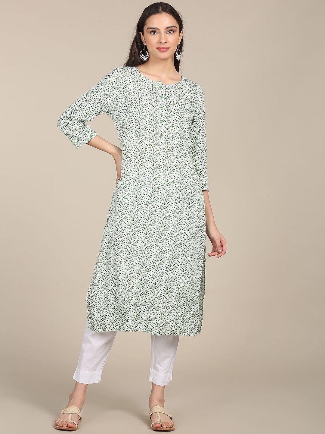 

Karigari Women White Printed Keyhole Neck Kurta