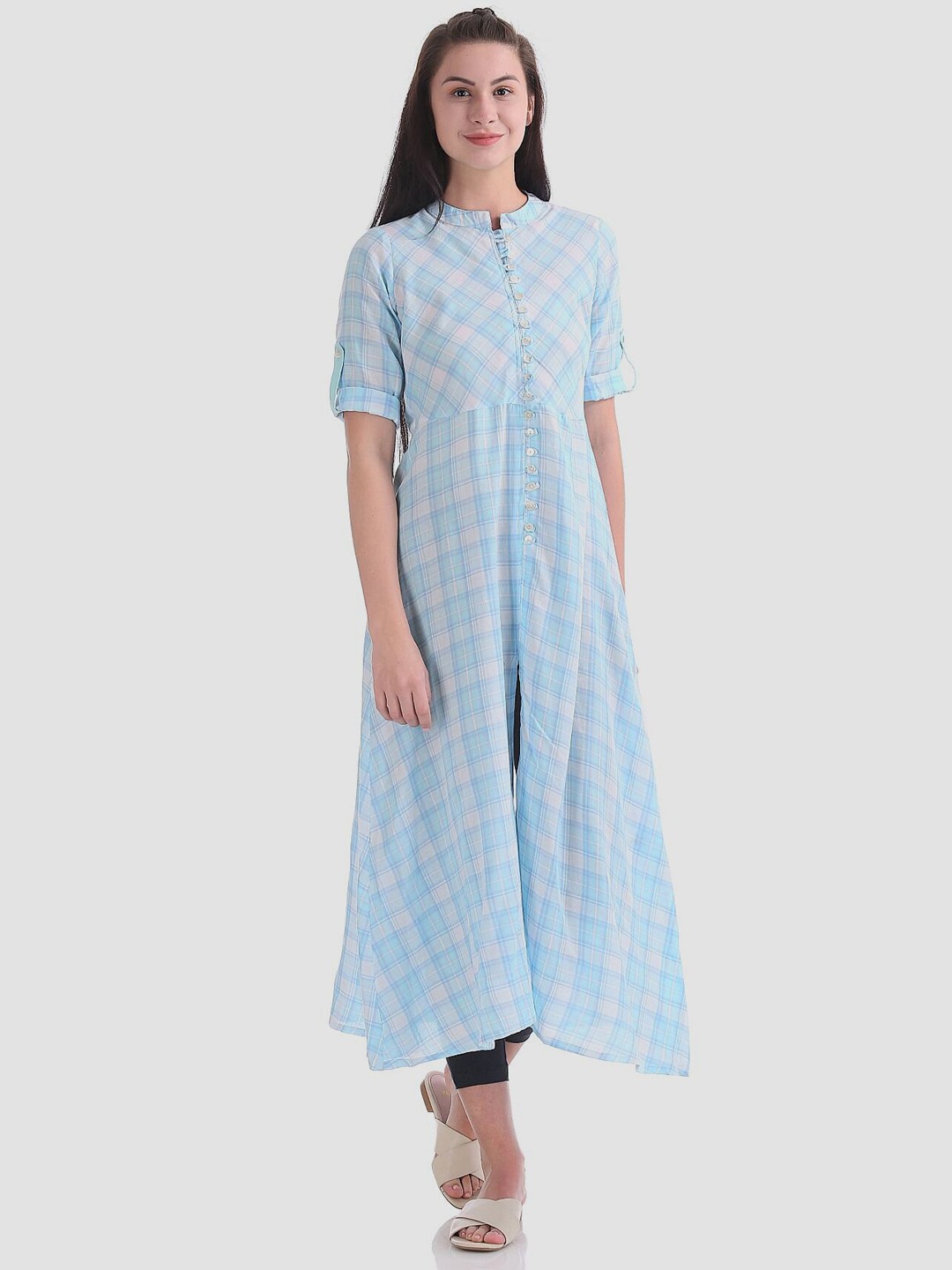 

Karigari Women Blue Ethnic Motifs Checked Mirror Work Anarkali Kurta