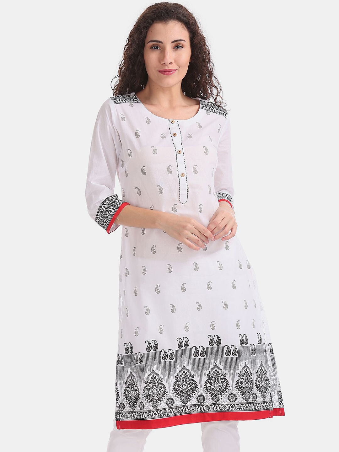 

Karigari Women White Ethnic Motifs Printed Thread Work Kurta