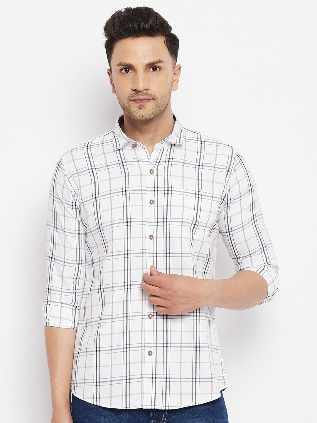 

Duke Men White Slim Fit Tartan Checks Checked Casual Shirt