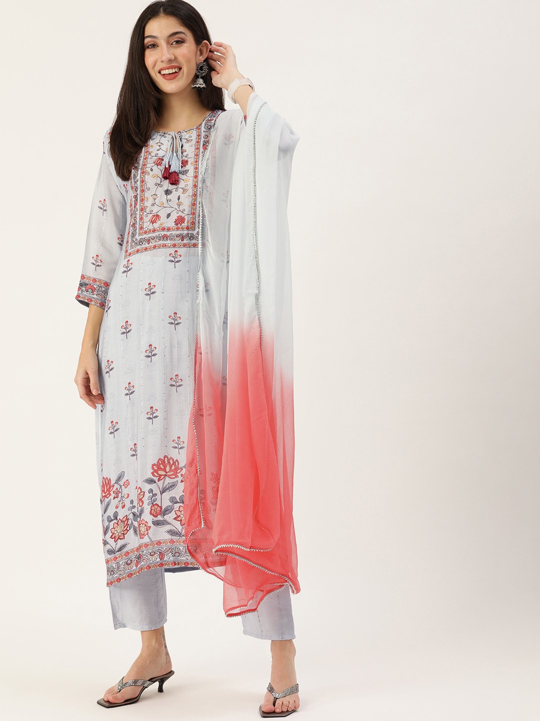 

Kay Fashions Women Grey Ethnic Motifs Printed Sequinned Chanderi Cotton Kurta with Trousers & With Dupatta