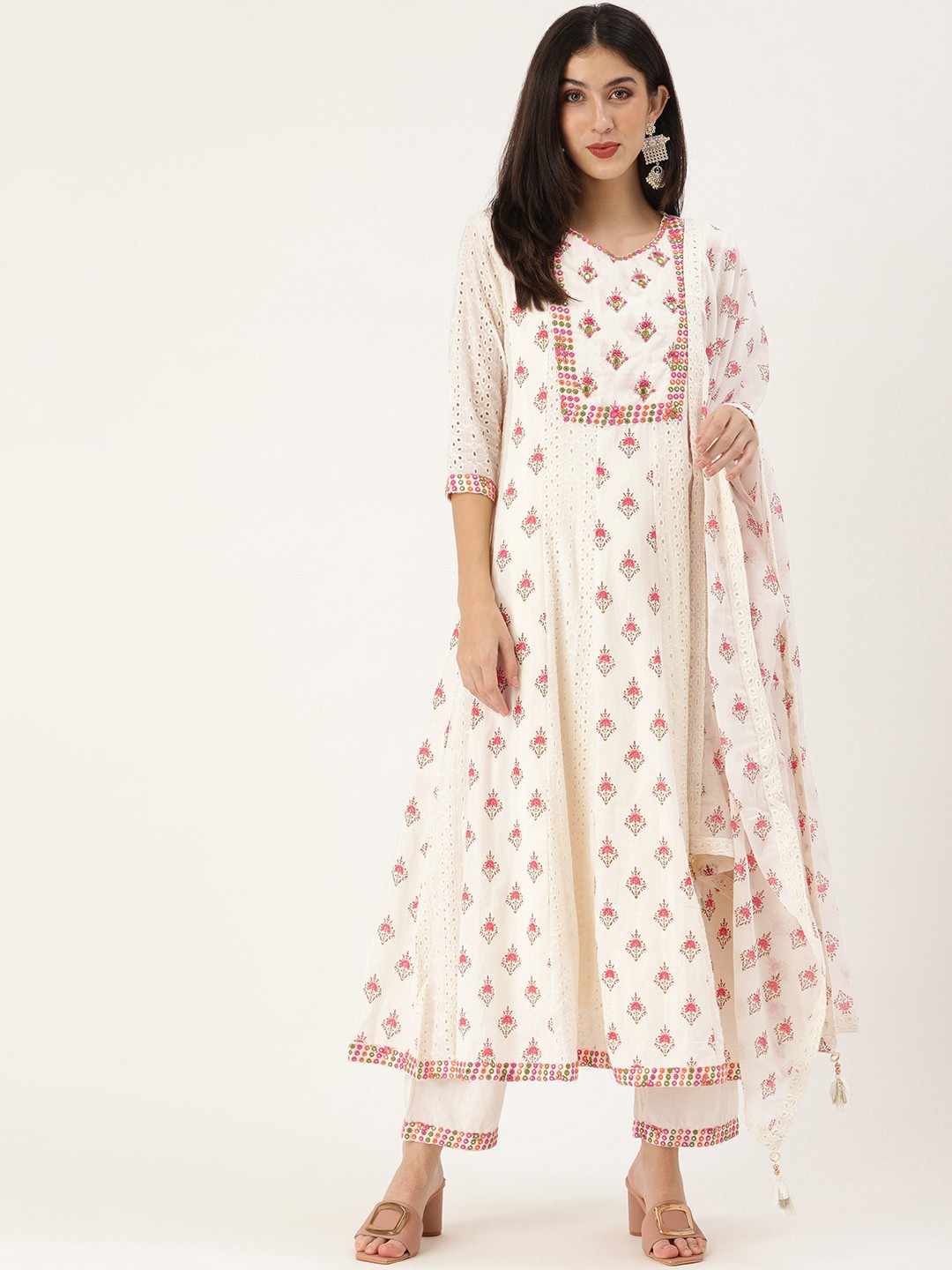 

Kay Fashions Women Off White Ethnic Motifs Printed Mirror Work Pure Cotton Kurta with Trousers & With