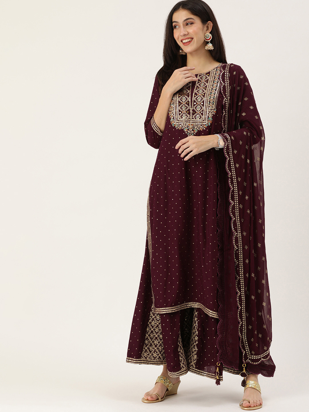 

Kay Fashions Women Brown Ethnic Yoke Design Mirror Work Kurta with Palazzos & Dupatta