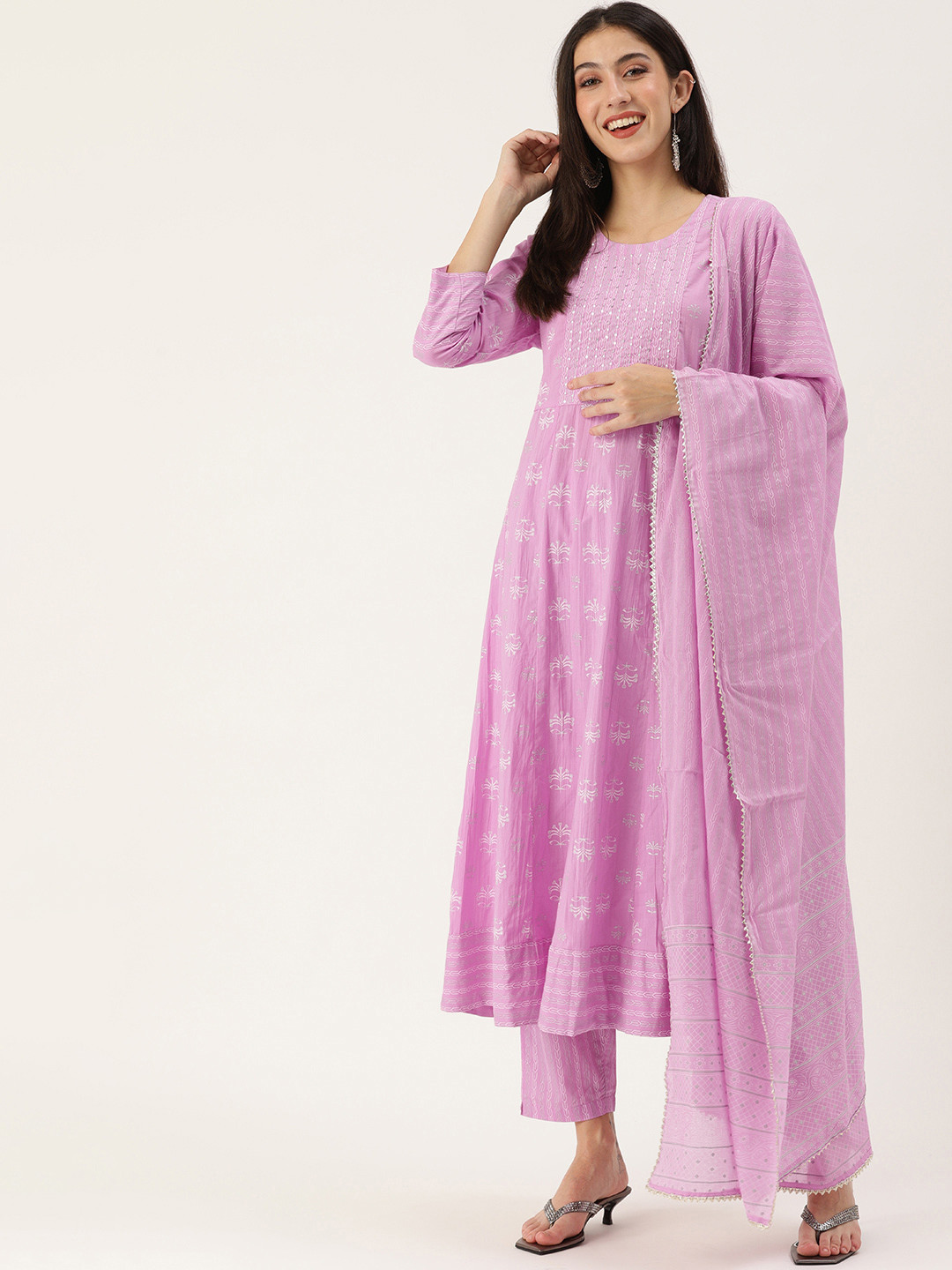 

Kay Fashions Women Lavender Ethnic Motifs Printed Sequinned Pure Cotton Kurta with Trousers & With Dupatta