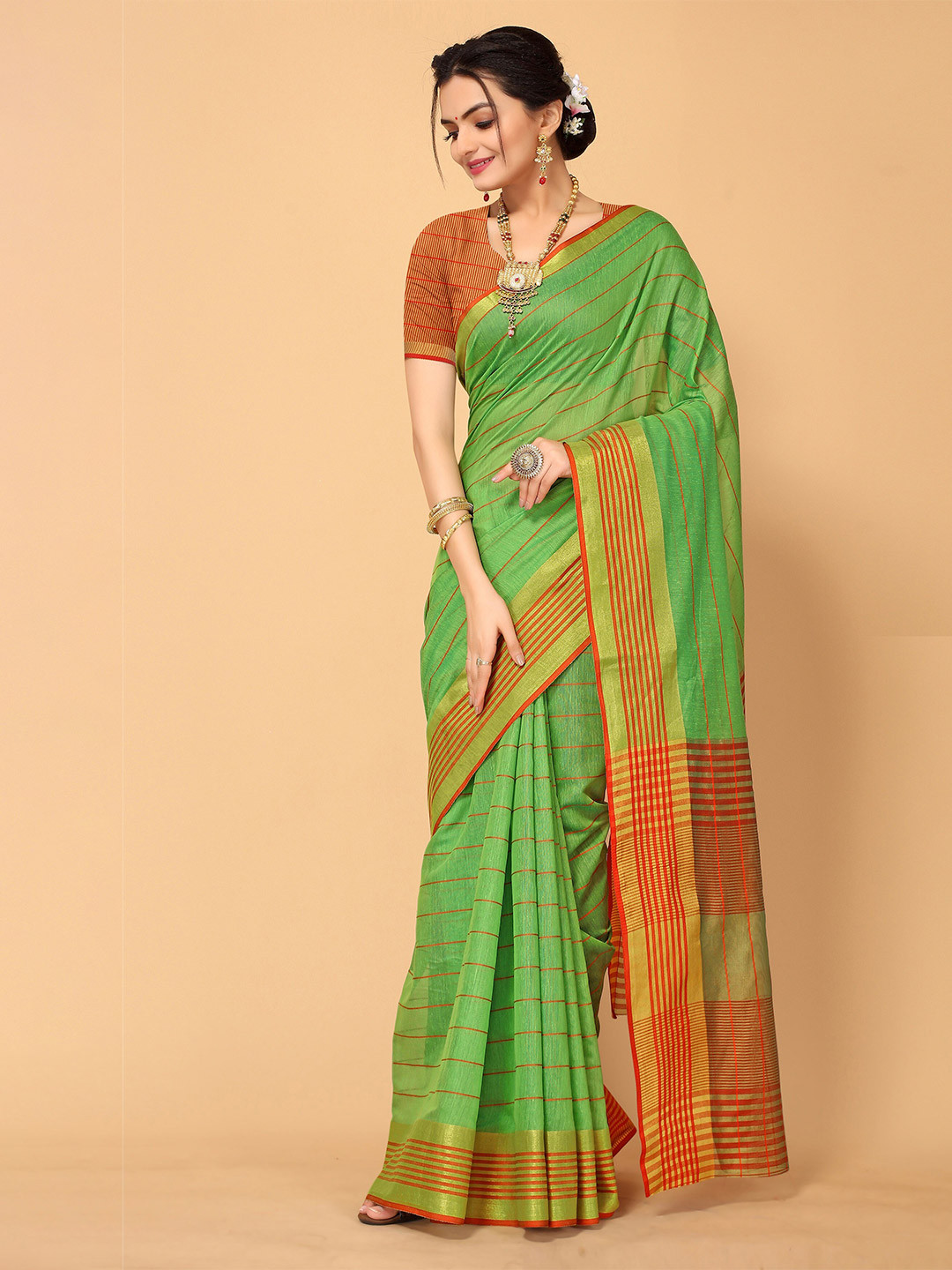 

Mitera Green & Gold-Toned Striped Kanjeevaram Saree