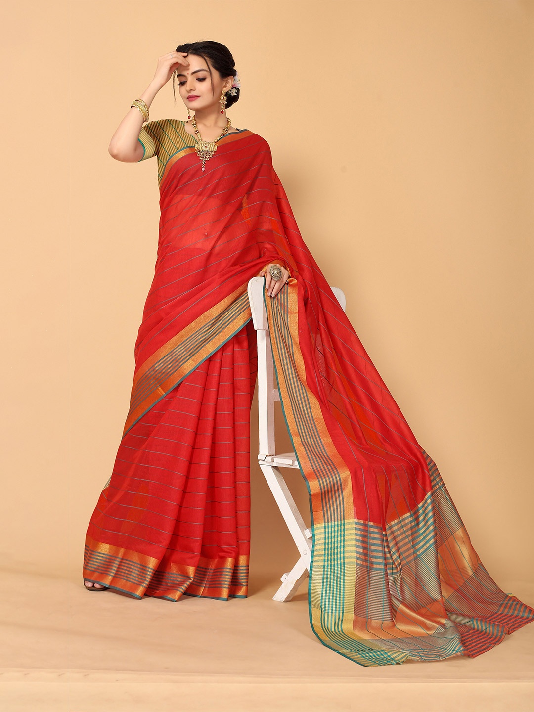 

Mitera Maroon & Green Striped Zari Kanjeevaram Saree